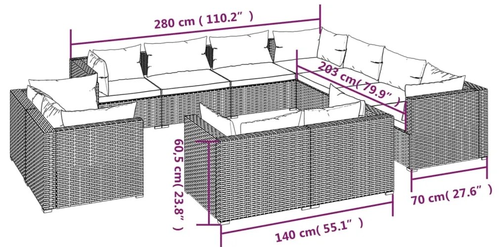 Set Divani da Giardino 11 pz con Cuscini in Polyrattan Nero