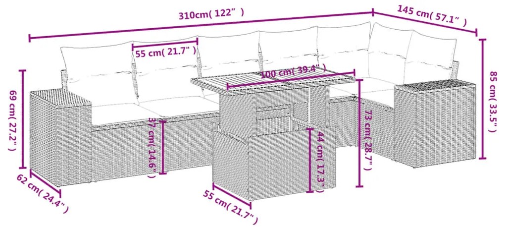 Set divani da giardino con cuscini 7pz nero polyrattan