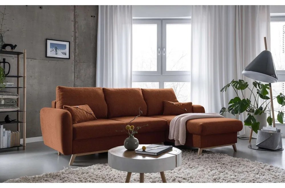 Divano letto angolare in mattoni arancioni, angolo destro Scandic Lagom - Miuform