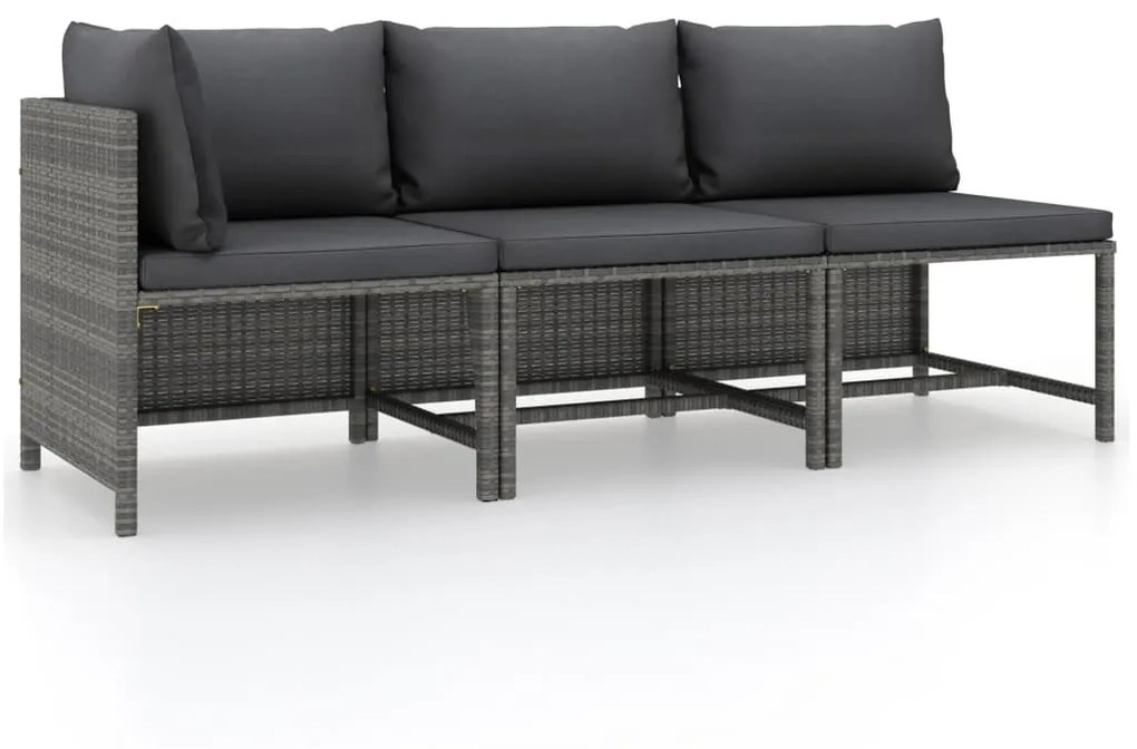 Set Divani da Giardino 3 pz con Cuscini in Polyrattan Grigio