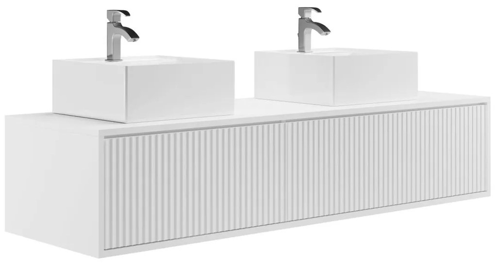 SALDI - Mobile per bagno sospeso scanalato con lavabo doppio 150 cm Bianco - ARNEGA