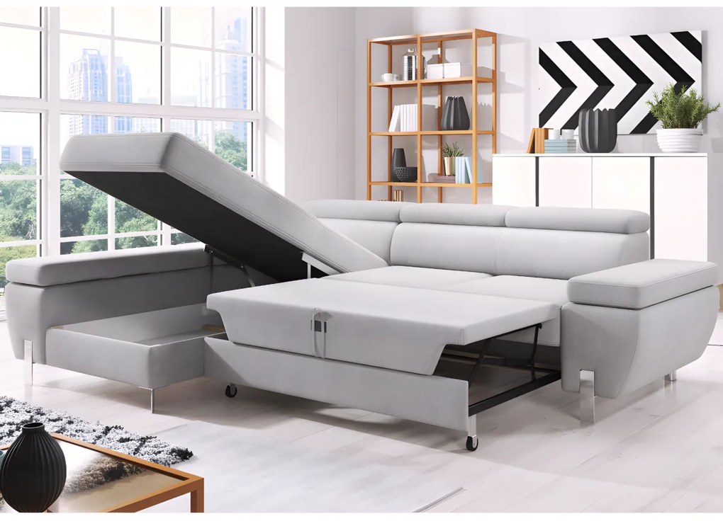Divano letto angolare con contenitore in tessuto Grigio - Angolo a sinistra - GOBANO