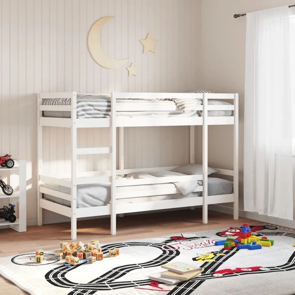 Letto A Castello Bianco 75x190 Cm İn Legno Massello Di Pino /