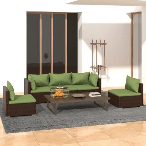 Set Divani da Giardino 5 pz con Cuscini in Polyrattan Marrone