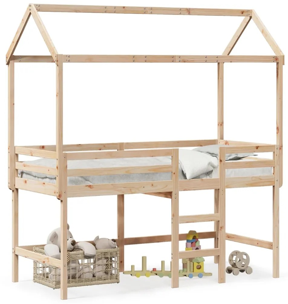 Letto Soppalco Con Scala E Tetto 90x200 Cm Legno Massello Pino /
