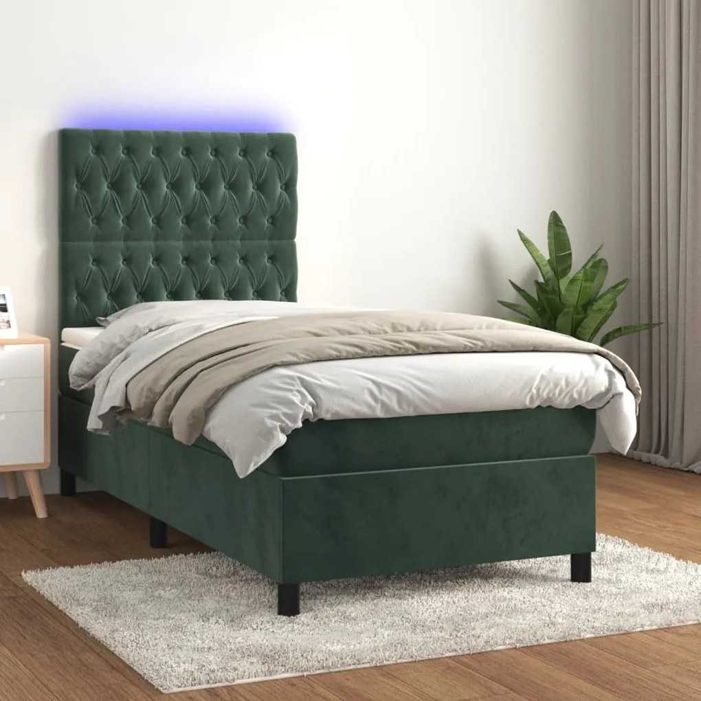 Letto a molle con materasso e led verde scuro 100x200cm velluto