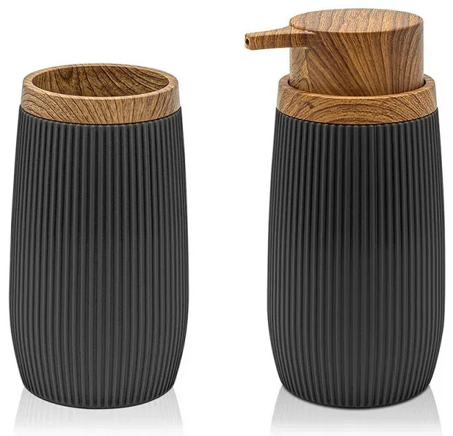 Set 2 pezzi Dispenser sapone e Porta spazzolino Nero dettagli effetto legno Blob