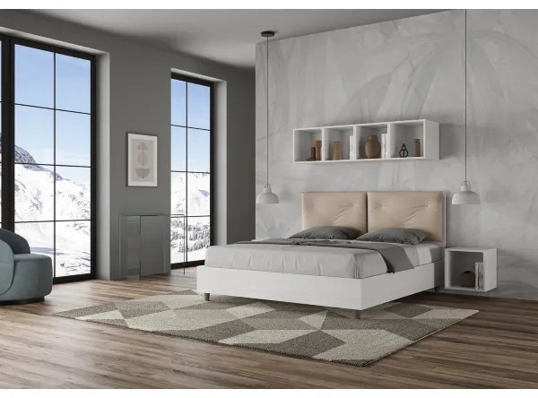 Letto matrimoniale contenitore 160x190 bianco frassino cuscini similpelle tortora Egos Appia