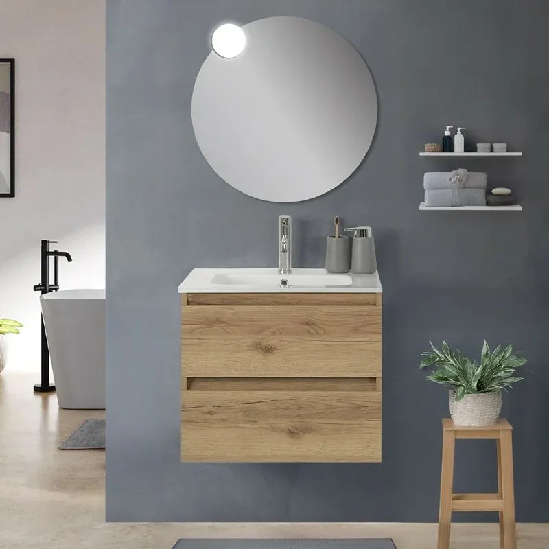 Mobile bagno sospeso 60cm in legno quercia naturale 2 cassettoni con lavabo e specchio Leda