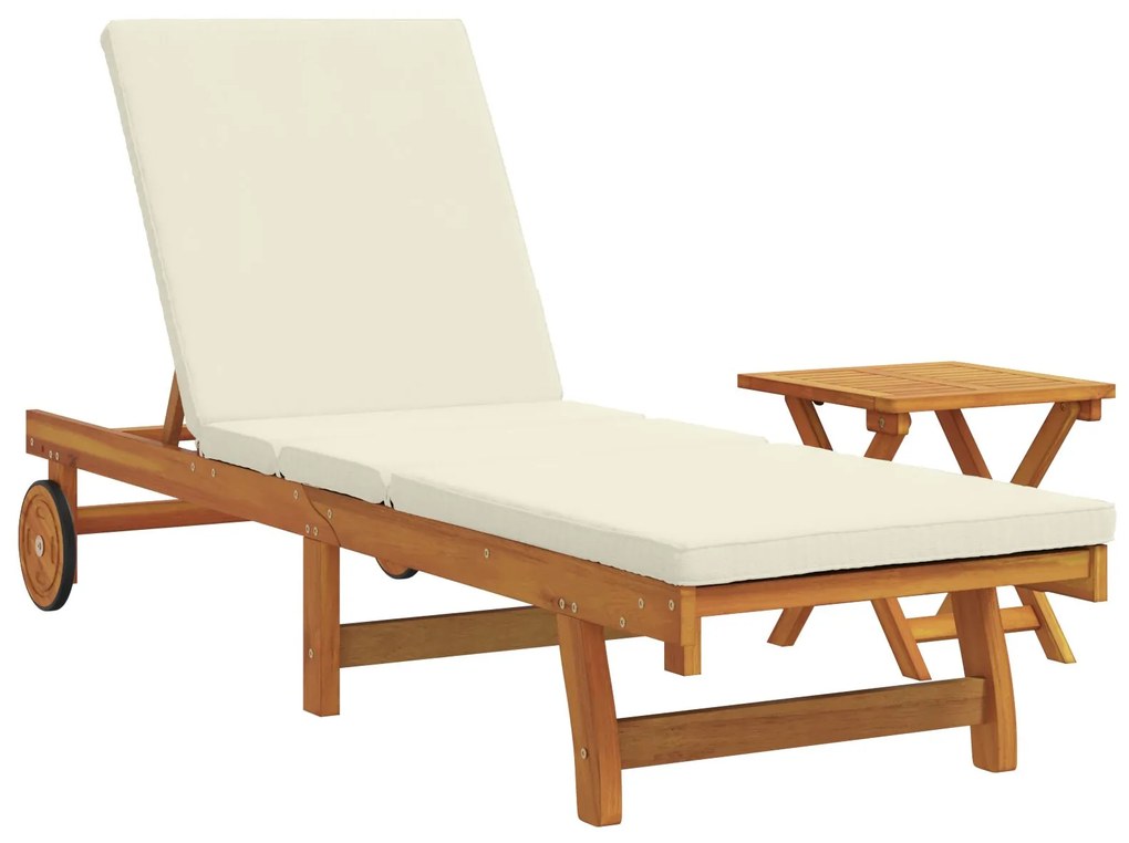 Lettino da sole con tavolo e cuscino in legno massello di acacia