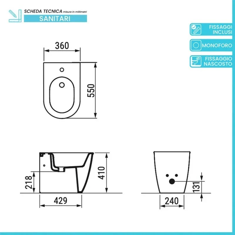 Set sanitari filomuro traslato bianco opaco e sedile soft close di Ceramica Dolomite Mayka