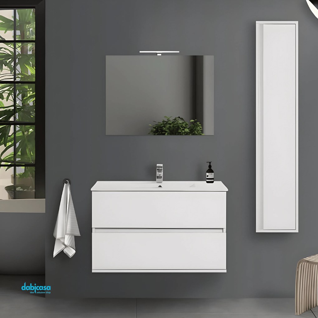 Mobile Bagno Sospeso "Fabula" Da 90 Cm Composto Da Due Cassetti Finitura Bianco Lucido