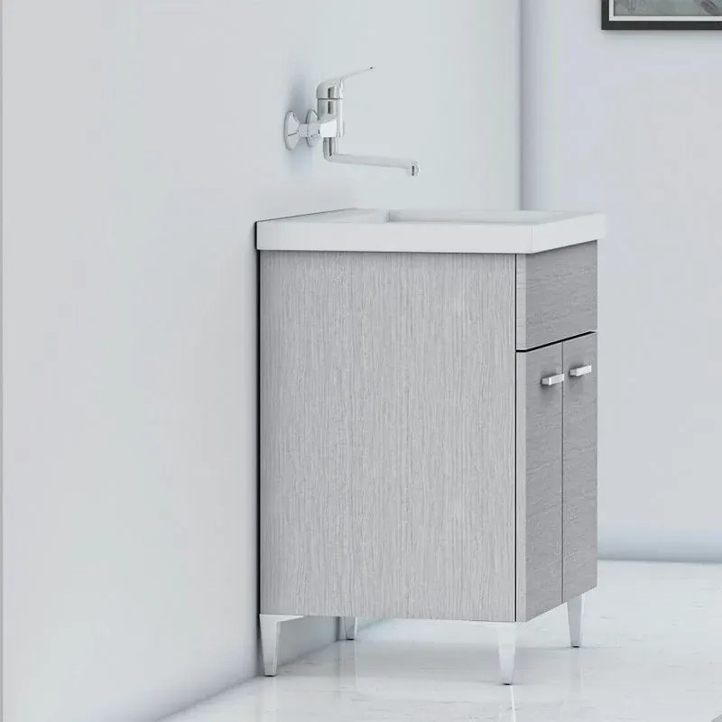 Mobile lavatoio grigio 60x50 cm con vasca e strofinatoio integrato in ceramica