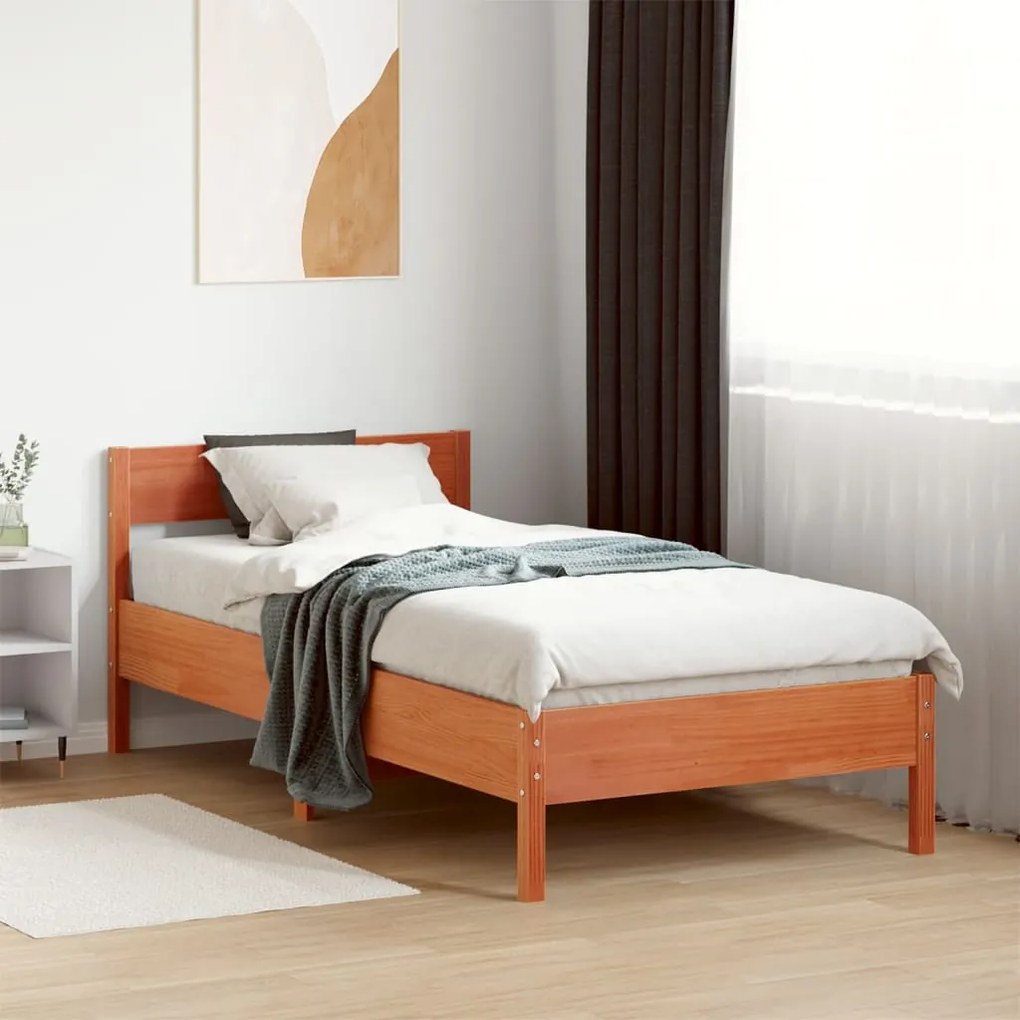 Giroletto con testiera marrone cera 90x190 cm massello pino