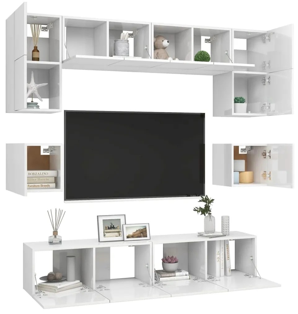 Set mobili tv 8 pz bianco lucido in truciolato