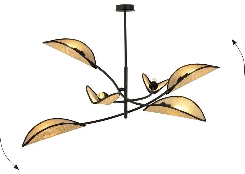 Lampadario a Sospensione in Acciaio e Tessuto LOTUS 6 Nero 6xE14 Colore del corpo Nero e Rattan