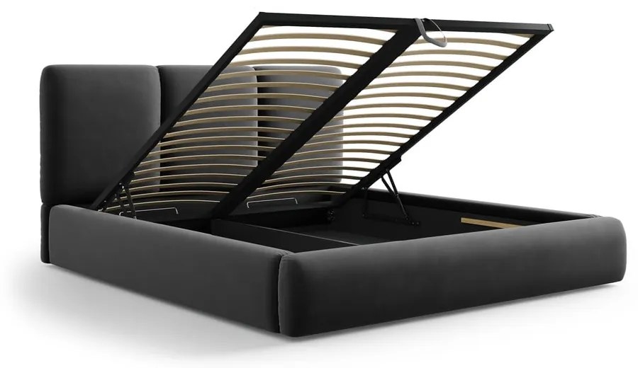 Letto matrimoniale imbottito in grigio scuro in velluto con contenitore con rete inclusa 180x200 cm Brody – Mazzini Beds