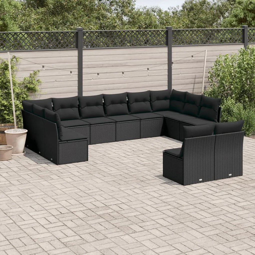 Set divani da giardino 12 pz con cuscini nero in polyrattan