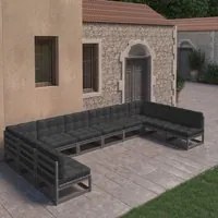 Set Divani da Giardino 10 pz con Cuscini Massello di Pino Nero 3077208