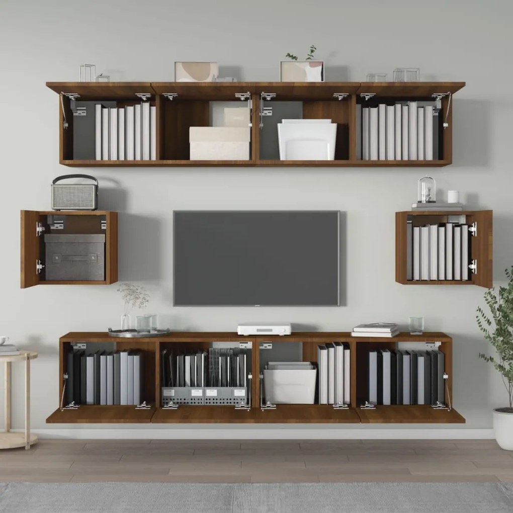 Set mobili porta tv 6 pz rovere marrone in legno multistrato