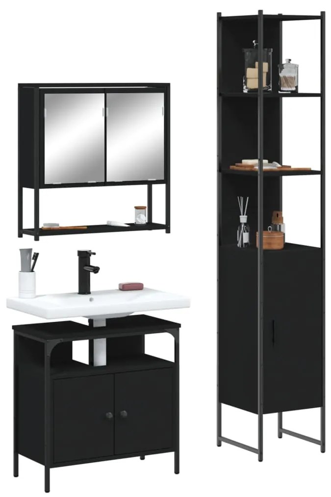 Set Mobili Da Bagno 3 Pz Nero İn Legno Multistrato /