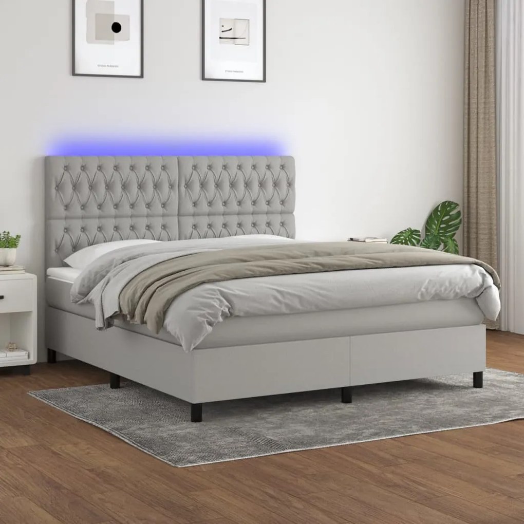 Letto a molle materasso e led grigio chiaro 180x200 cm tessuto