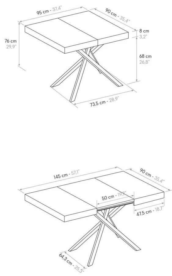 Tavolo FORTE DEI MARMI in legno, finitura grigio cemento e gambe incrociate in metallo bianco, allungabile 95×90 cm – 145 x 90 cm