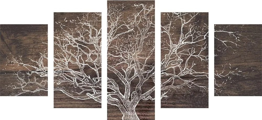 Quadri 5 pezzi – Corona dell'albero su sfondo di legno
