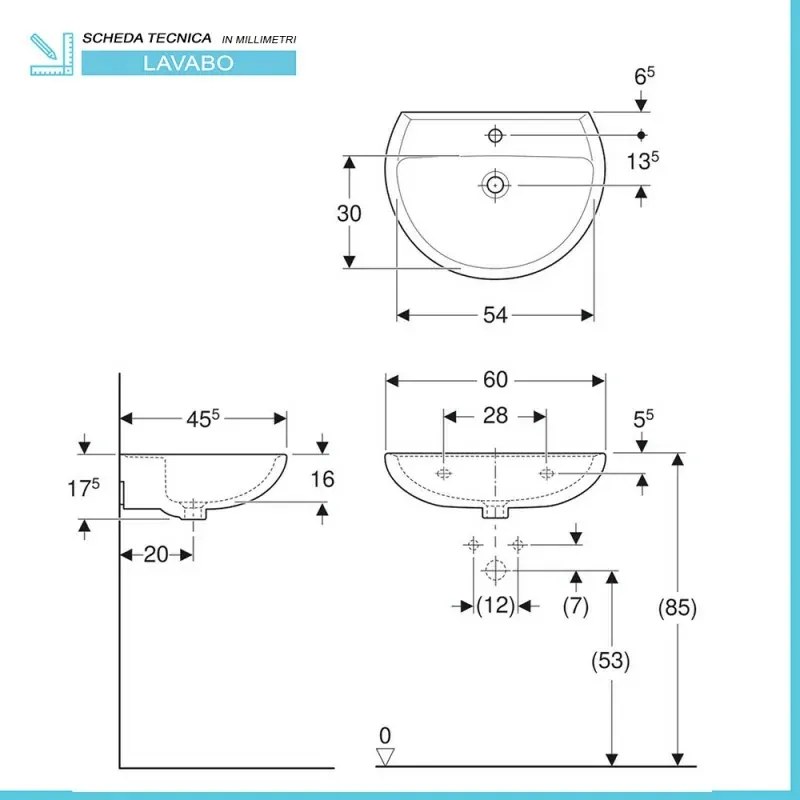 Lavabo con colonna 60 cm Geberit in ceramica lucida Colibrì