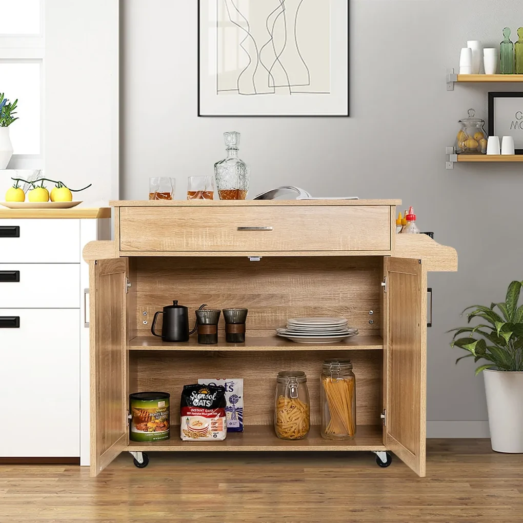 COSTWAY Isola da Cucina con Ruote, Carrello da Cucina con Cassetto e Armadio, Porta Spezie e Barre Porta Asciugamani, Armadietto Mobile con Ripiano Regolabile per Sala da Pranzo, 83x48x91 cm