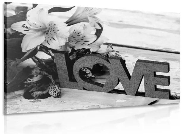 Quadro su tela – Con scritta in legno Love in bianco e nero