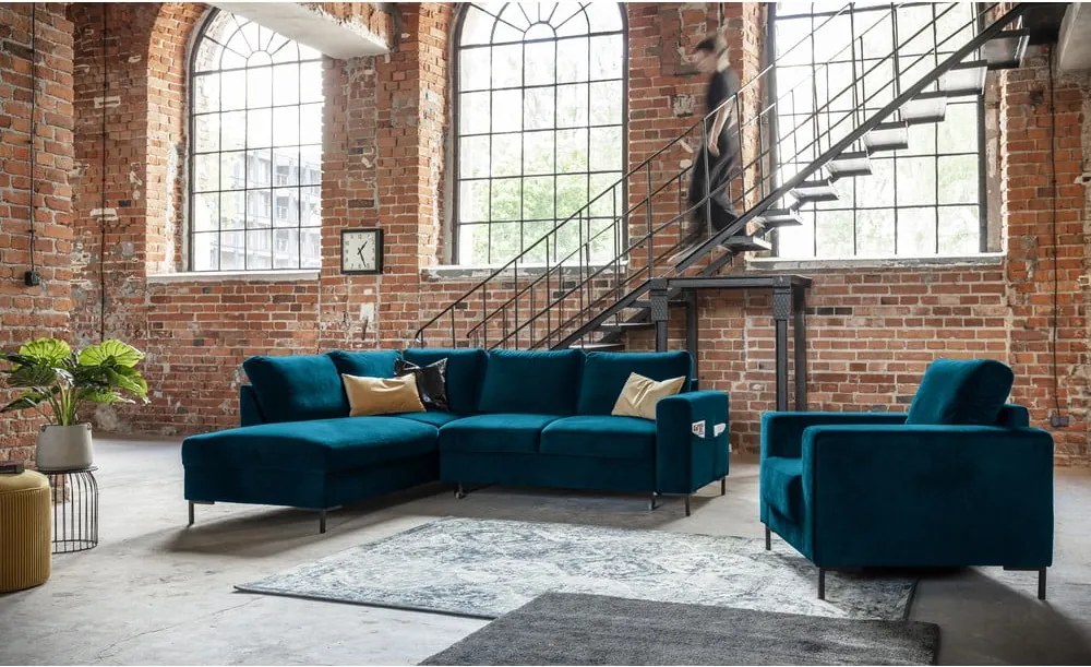 Divano letto angolare in velluto turchese (angolo sinistro) Lofty Lilly - Miuform