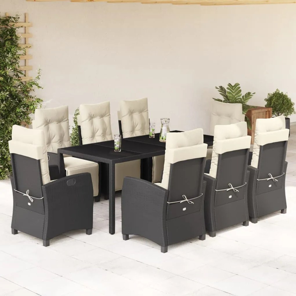 Set da pranzo da giardino 9 pz con cuscini nero in polyrattan
