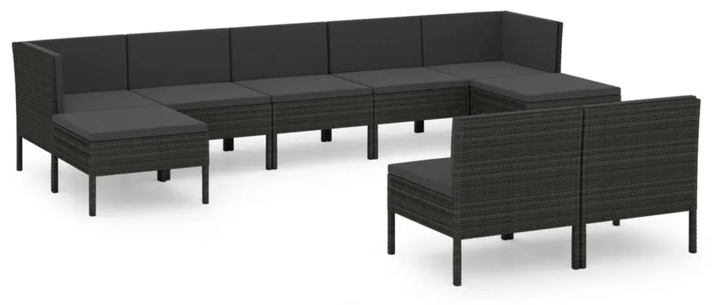 Set divani da giardino 9 pz con cuscini in polyrattan nero