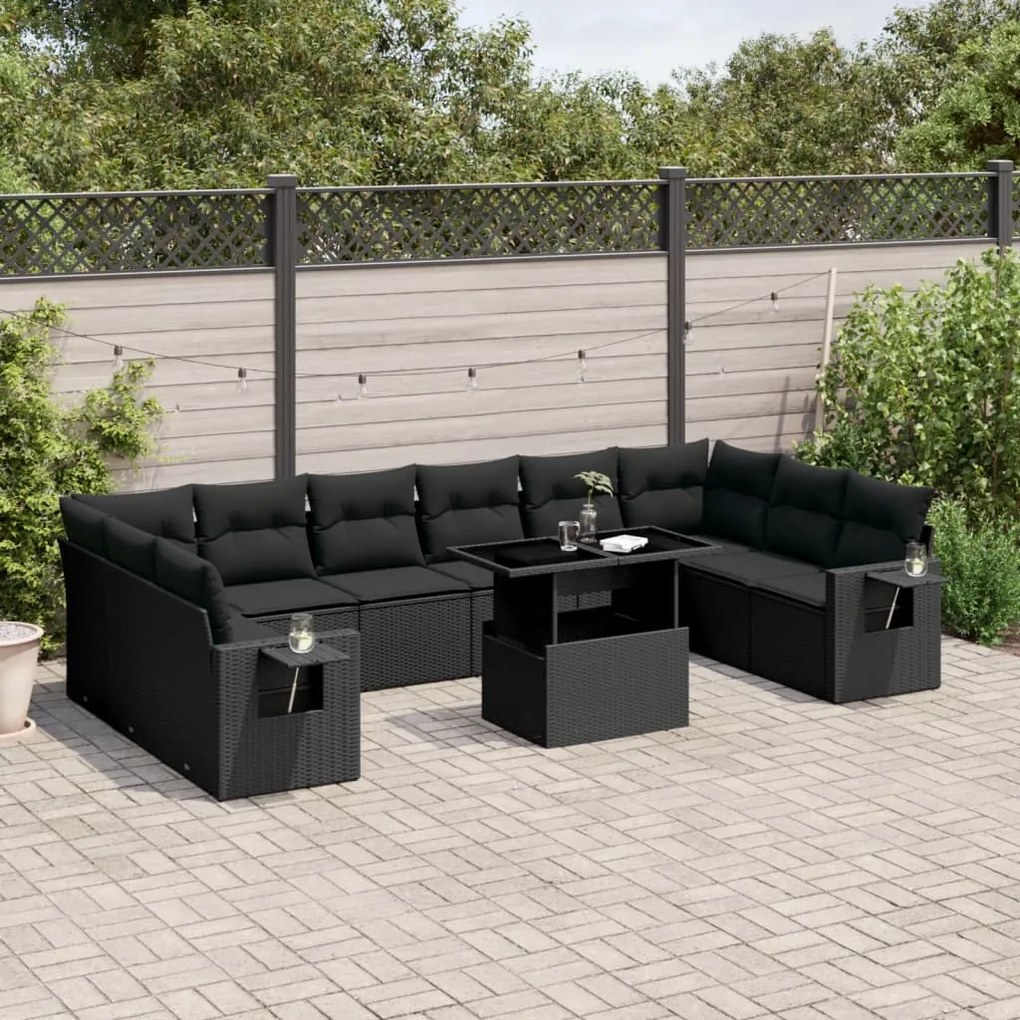 Set divani da giardino 11 pz con cuscini in polyrattan nero