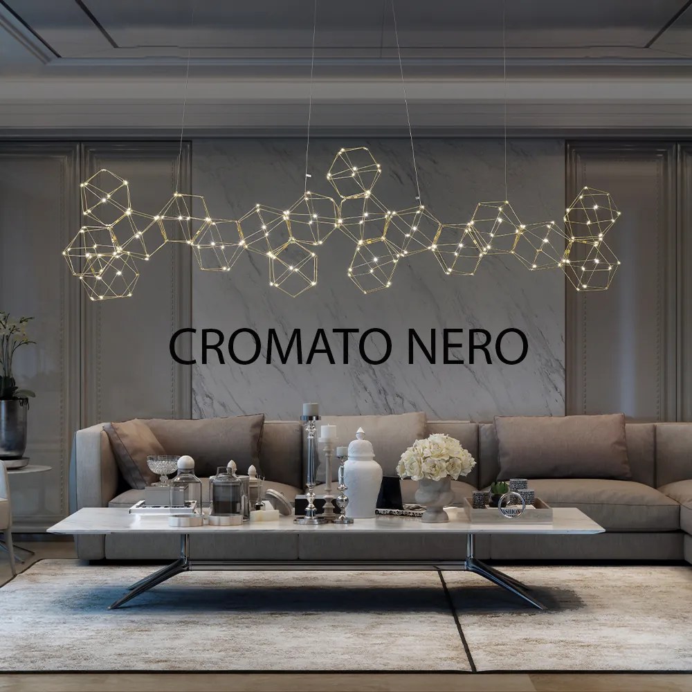 Lampadario A Sospensione Moderno Lucciola Metallo Cromato Nero Led 18 Esagono