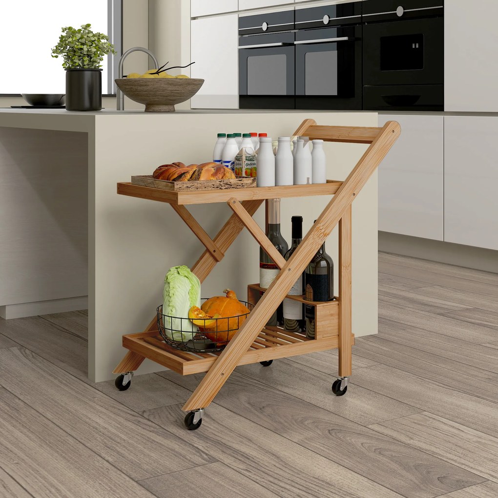 Carrello da Cucina Portavivande Pieghevole 66x40x70 cm a 2 Livelli con Portabottiglie in Legno di Bambù...