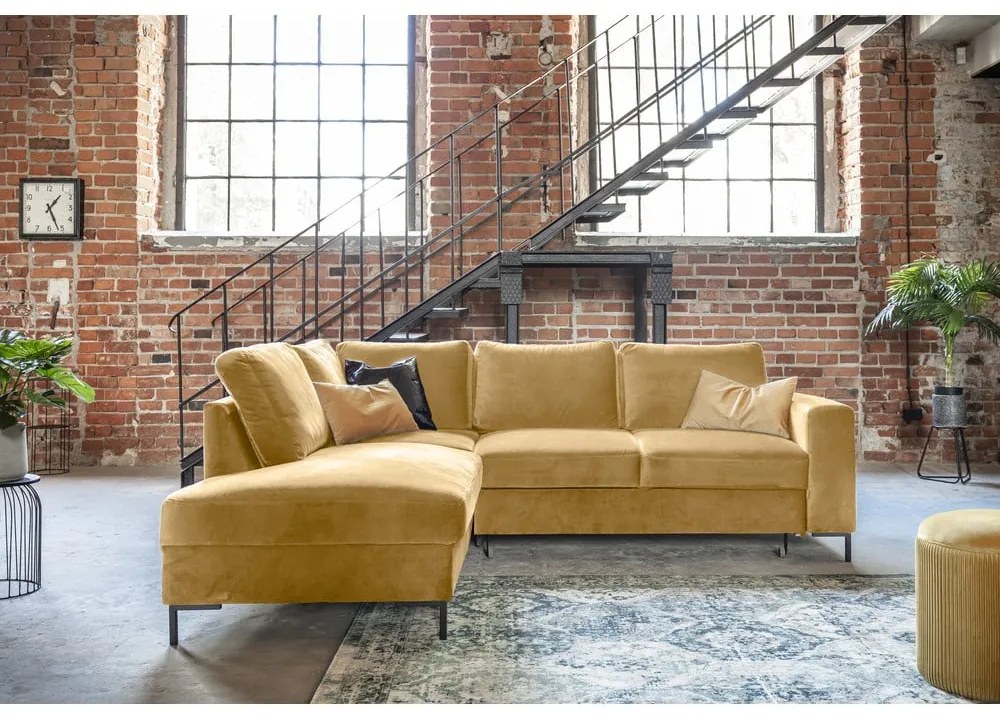 Divano letto angolare in velluto giallo (angolo sinistro) Lofty Lilly - Miuform