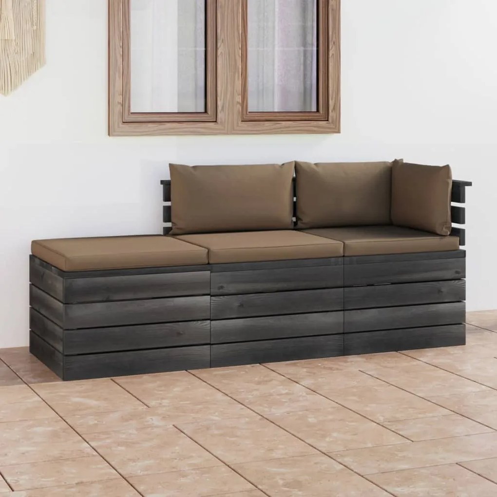 Set divani da giardino su pallet 3 pz con cuscini massello pino