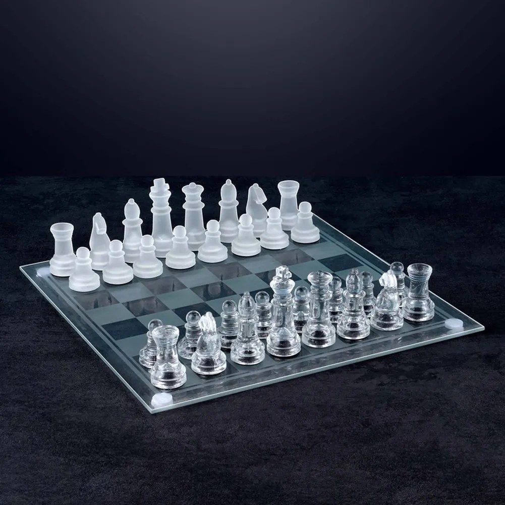 Set Scacchi in Vetro 20 x 20 cm Scacchiera Moderna Gioco Classico con 33 Pezzi Bianco e Nero...