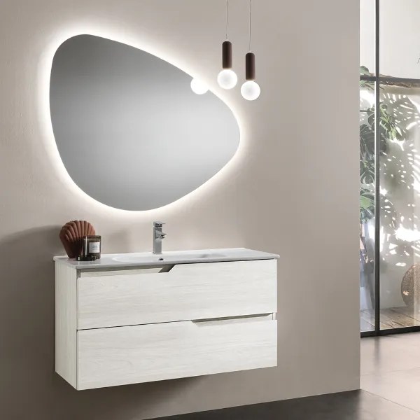 Mobile da bagno sospeso base 100 BORA moderno a 2 cassetti con lavabo LARICE BIANCO
