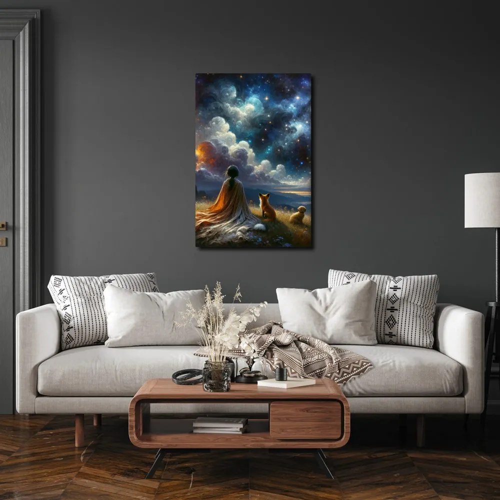 Quadro su tela – Figura con volpe e cane sotto le stelle