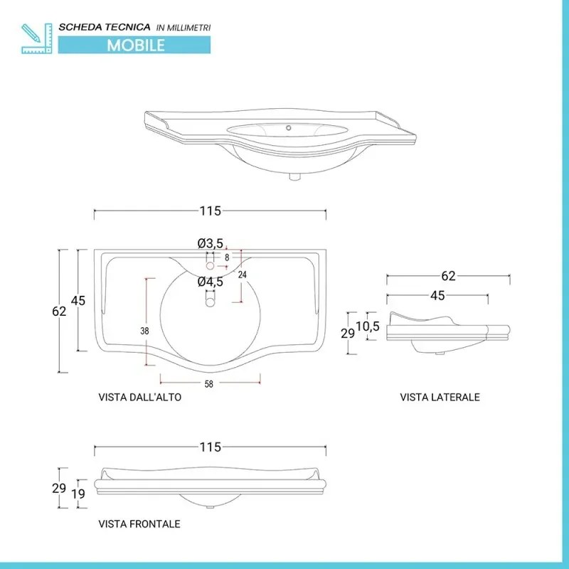 Mobile bagno a terra 115 cm noce con cassetti specchio e lampade Romantica