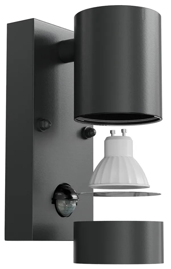 Applique cilindrica da Esterno IP65 GU10 con sensore Movimento - Nera
