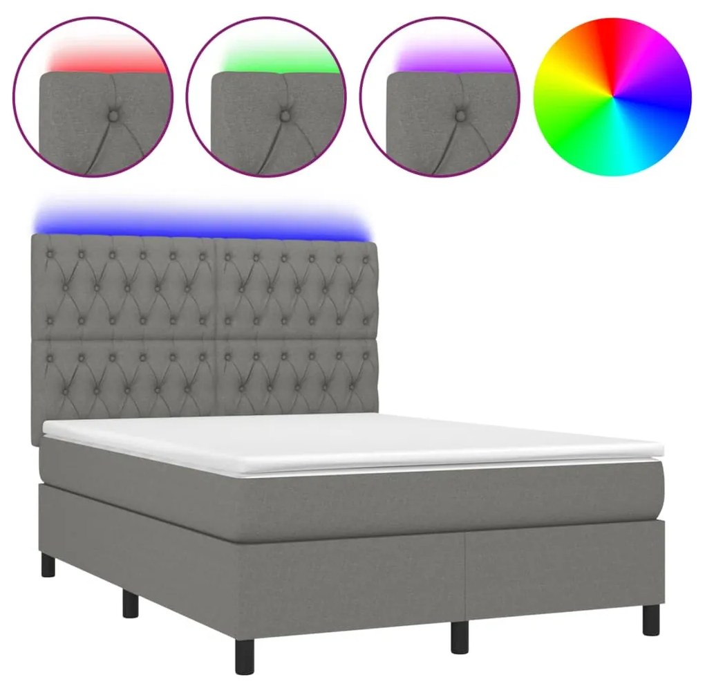 Letto a Molle Materasso e LED Grigio Scuro 140x190cm in Tessuto