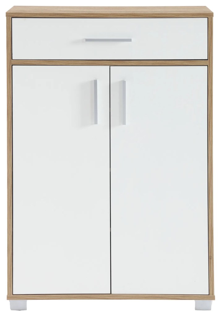 Scarpiera Salvaspazio da Ingresso, 2 Ante e 1 Cassetto, Color Rovere e Bianco – 63x33x95h