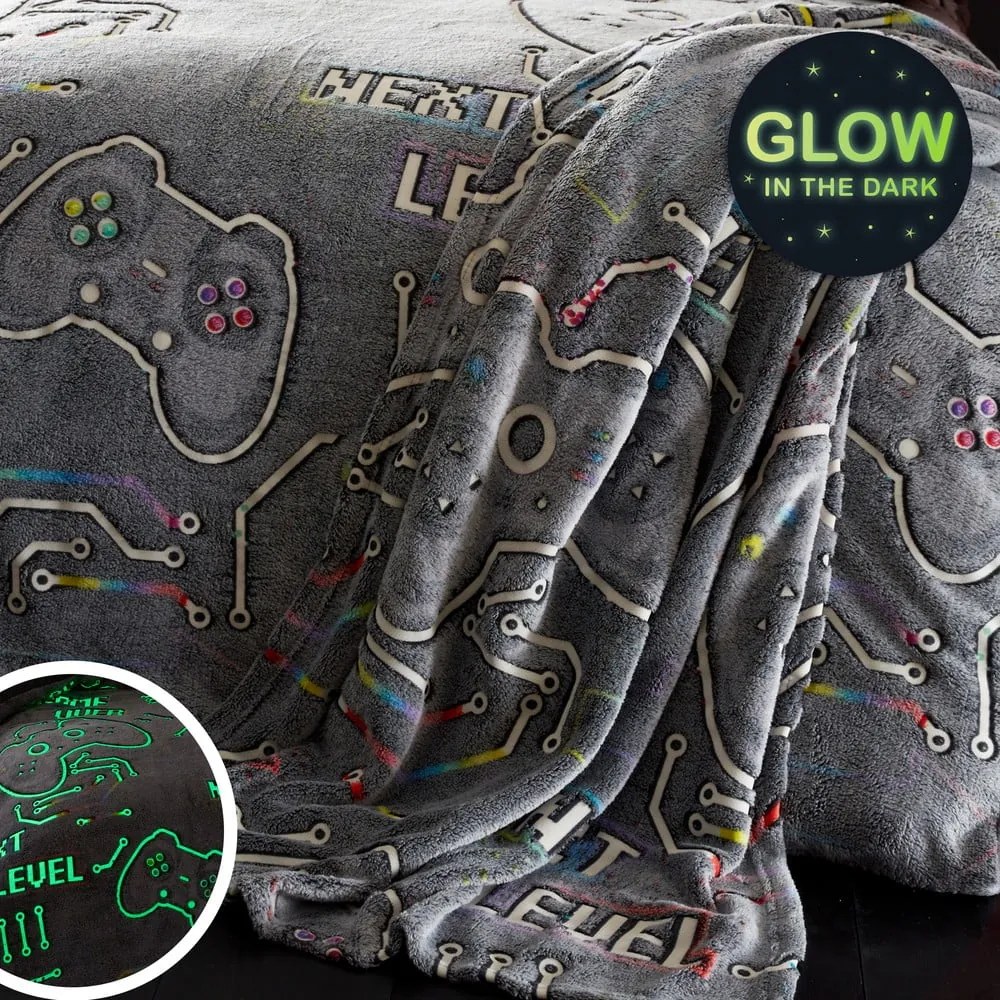 Coperta grigia per neonati con effetto luminoso in micropile 130x170 cm Game Over - Catherine Lansfield