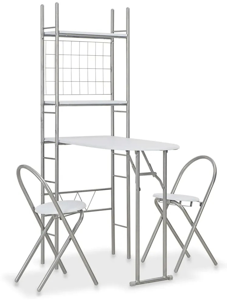 Set Tavolo Sedie Pieghevoli Con Scaffale 3pz Mdf Acciaio Bianco /