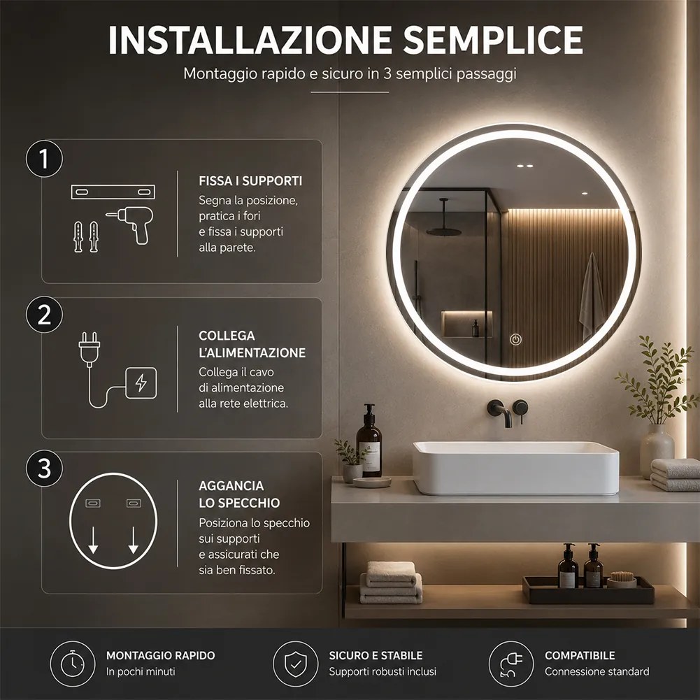 Specchio Rotondo Ø60cm LED a 3 Colori Dimmerabile Accensione Touch...