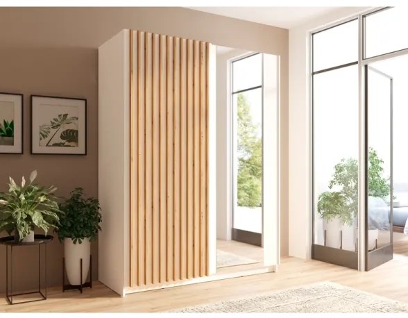Armadio 150x200h Cm 2 Ante Scorrevoli Con Specchio Bianco Listelli Rovere Dalia